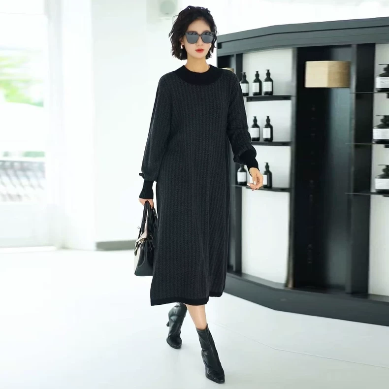 70105秋中长款配大衣毛衣裙修身显瘦针织大码打底纯色毛衣连衣裙