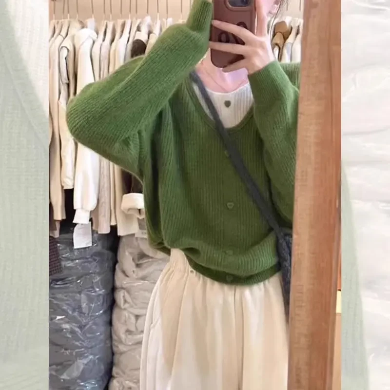秋冬慵懒风绿色假两件针织衫毛衣女2025新款设计感宽松时尚上衣