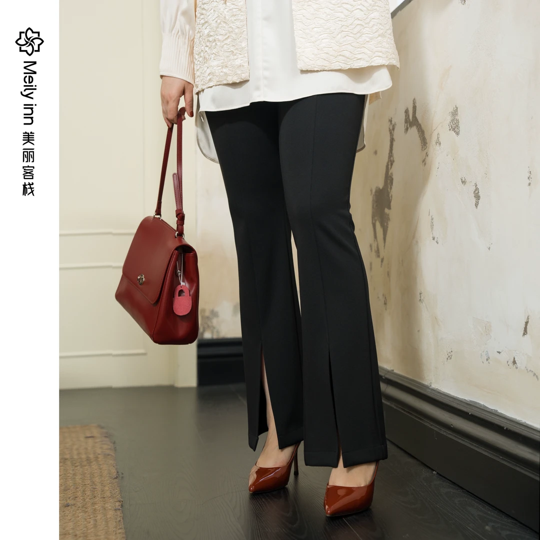 【高知精英】美丽客栈修身开叉缎面醋酸喇叭裤女原创高端大码女装