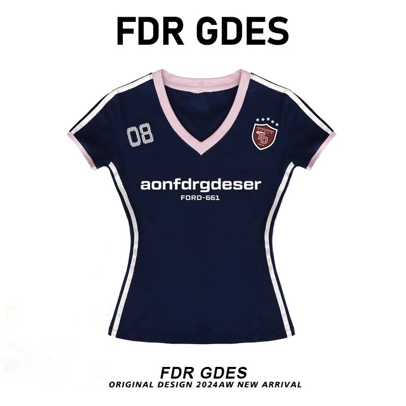 FDR GDES 复古辣妹V领撞色印花短袖t恤女夏季修身显瘦上衣