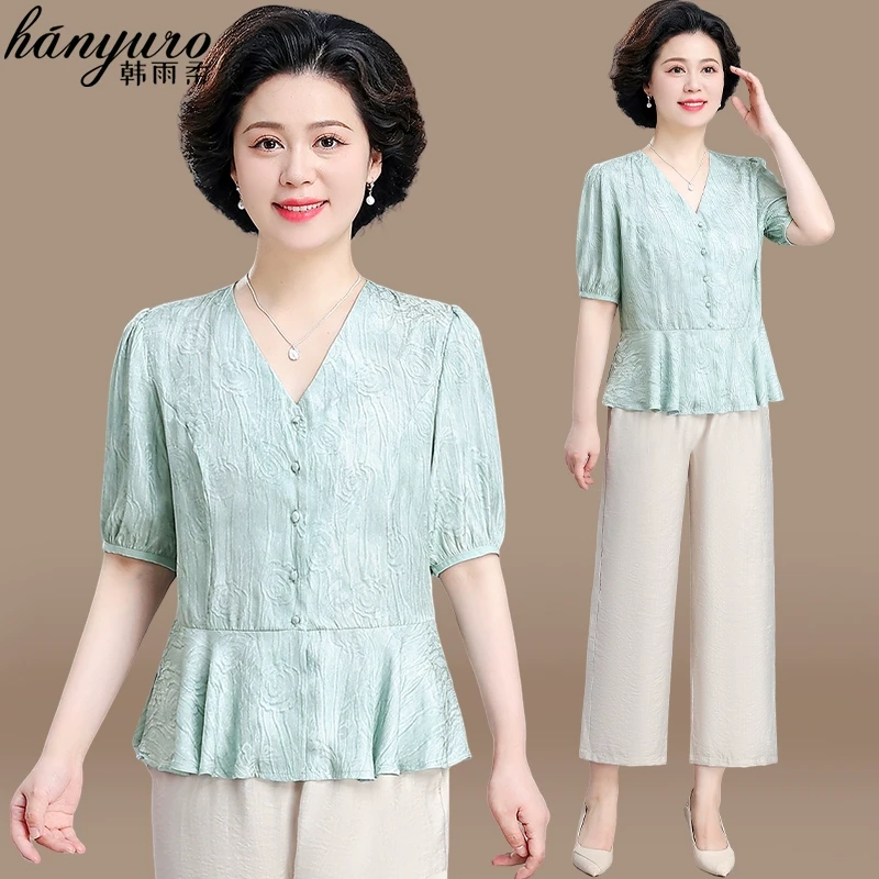 中年妈妈夏装套装2025新款中老年气质雪纺小衫洋气夏季短袖上衣女