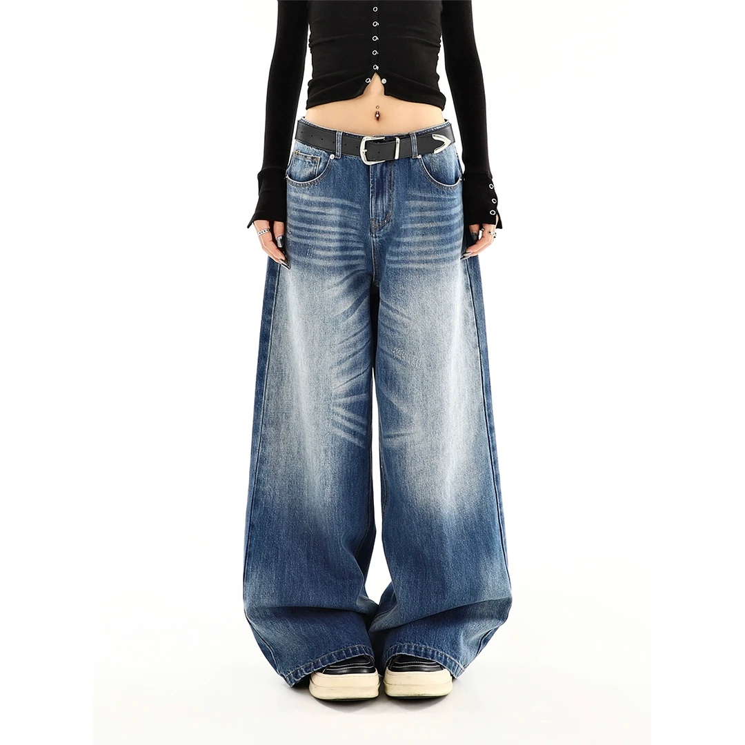 美式复古辣妹低腰直筒牛仔裤女春季新款水洗做旧宽松垂感阔腿裤子