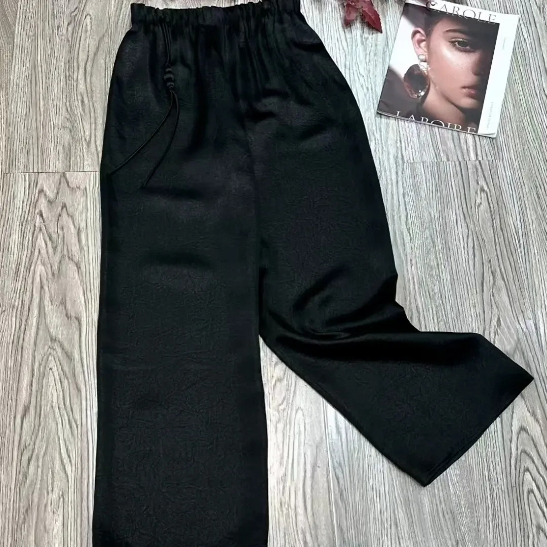 热卖醋酸龟裂纹腰间压绉显瘦阔腿直筒裤垂感长裤