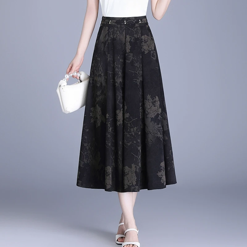印花醋酸半身裙女2025年夏季高腰垂感中长款a字大摆裙遮胯遮肚子