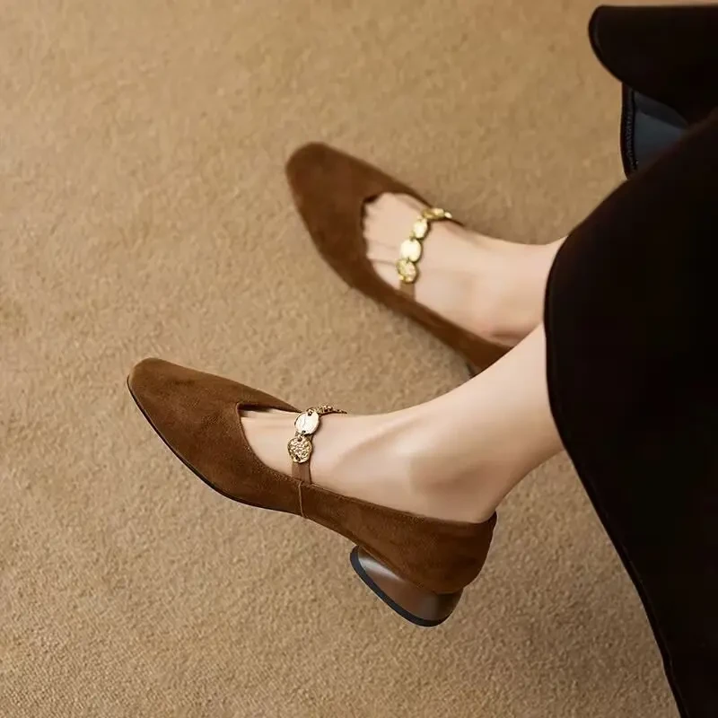真皮方金币链玛丽珍鞋女2025新款舒适百搭低跟单鞋复古法式
