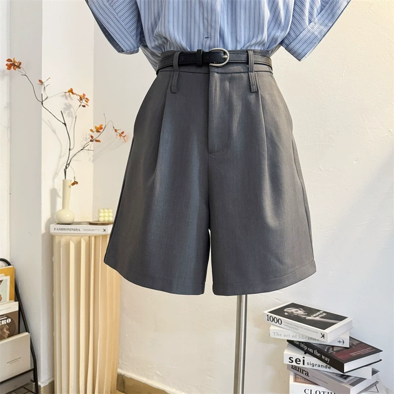 灰色西装短裤女2025夏季高腰直筒五分裤中裤宽松休闲a字阔腿裤子