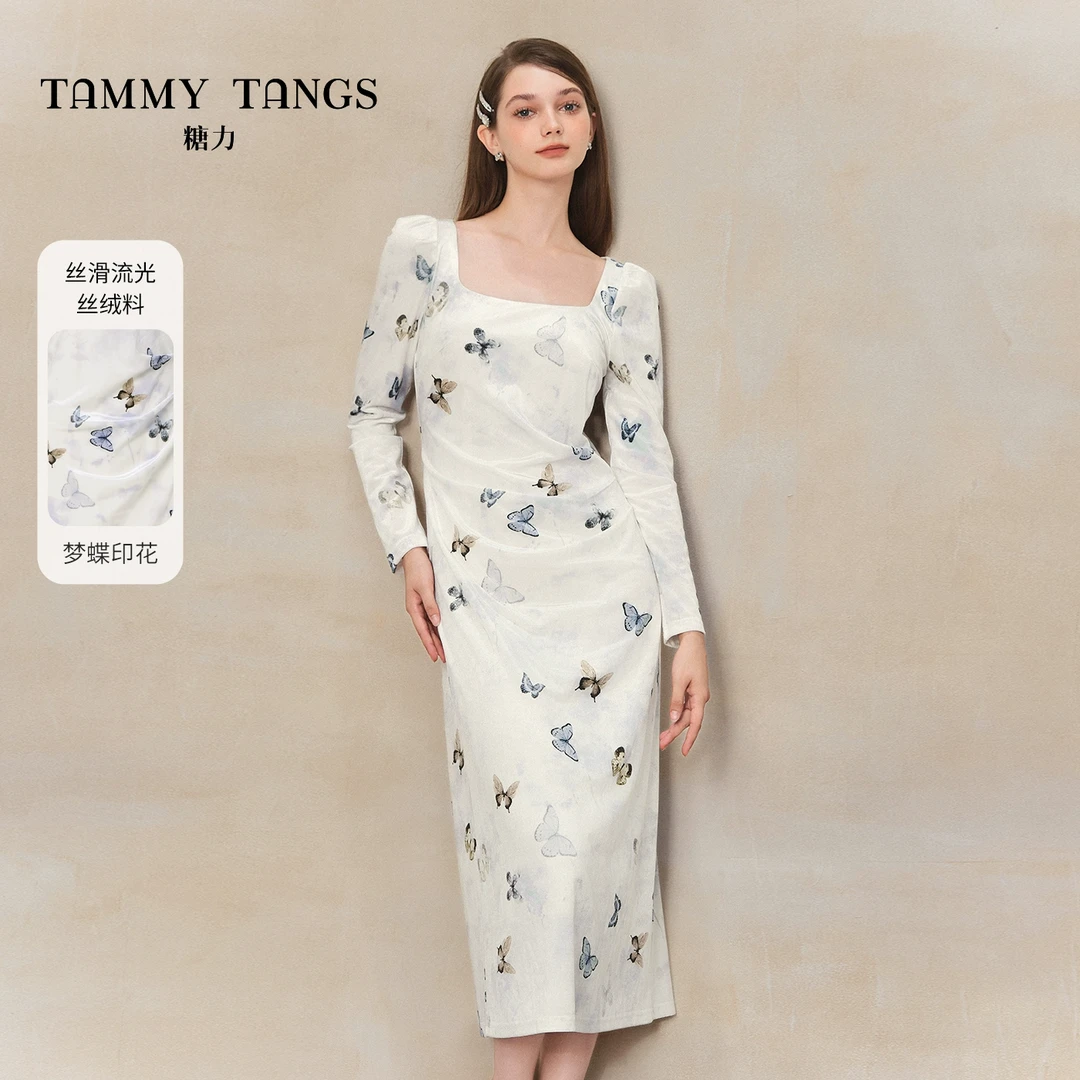 【若谷专属】糖力印花丝绒连衣裙TWTCQ47672