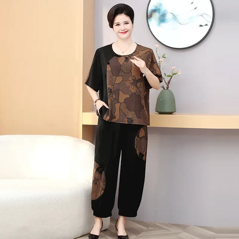 特大码200斤胖妈妈装加肥加大码女装中老年夏装衬衫胖奶奶套装T恤