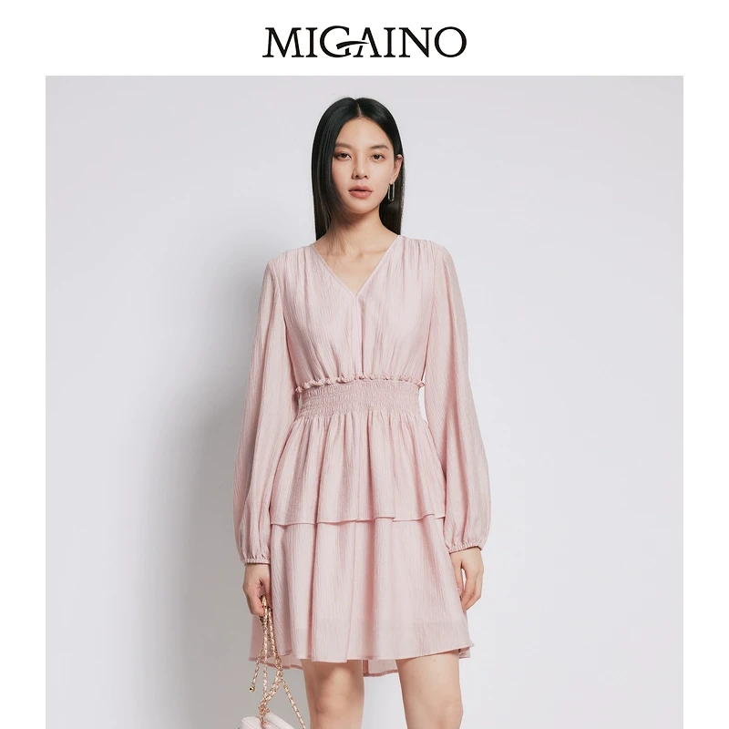 Migaino/曼娅奴女装气质感收腰显瘦法式简约长袖连衣裙
