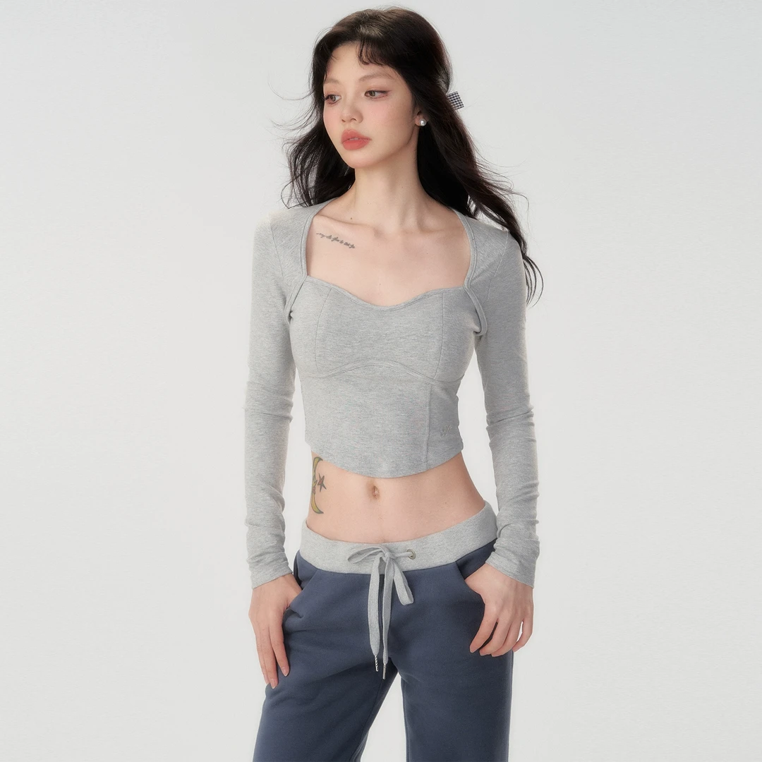 NECY三色纯欲钻石领长袖带胸垫女2024秋冬新款修身上衣基础打底衫