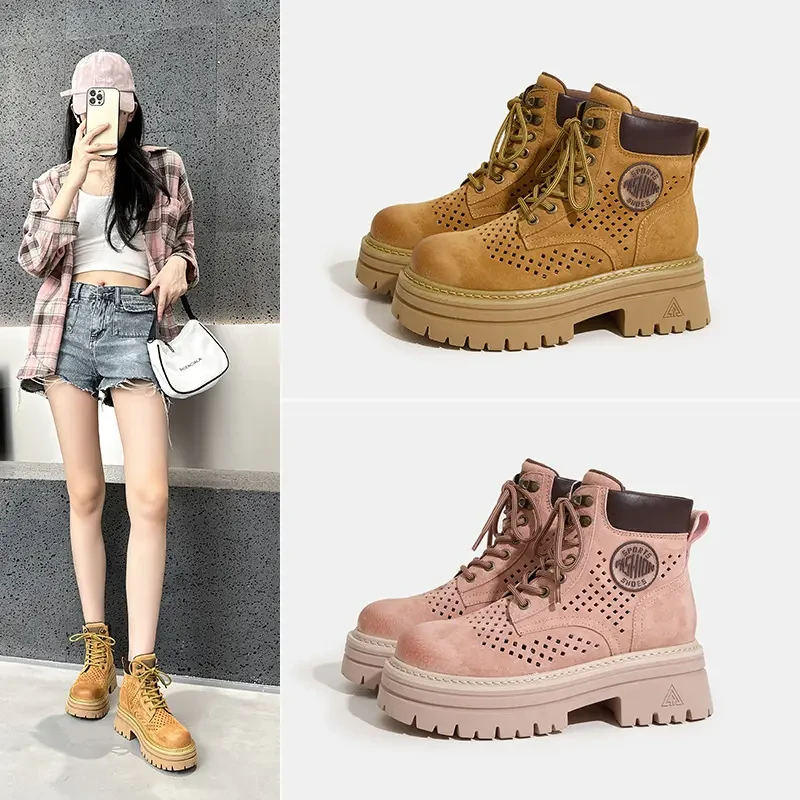 万达撤柜头层猪皮鹿鹿同款马丁靴女2025夏季新款镂空大黄靴工装靴