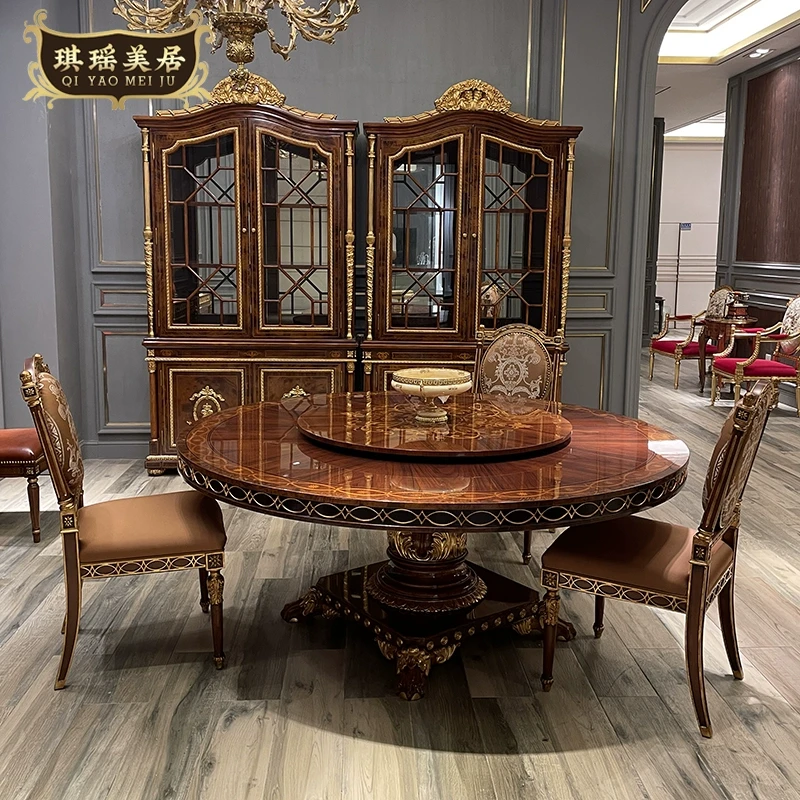 琪瑶美居法式古典实木圆形餐桌带转盘一桌8椅别墅餐厅餐桌椅组合