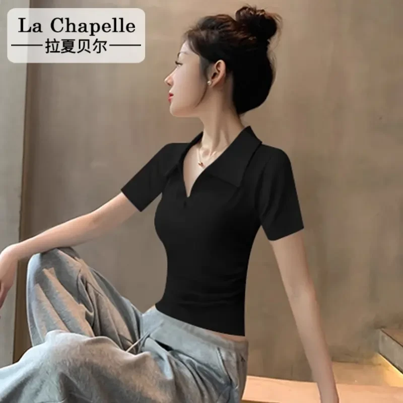 拉夏贝尔 2025新款夏季黑色Polo领短款松紧起皱设计复古极简T恤
