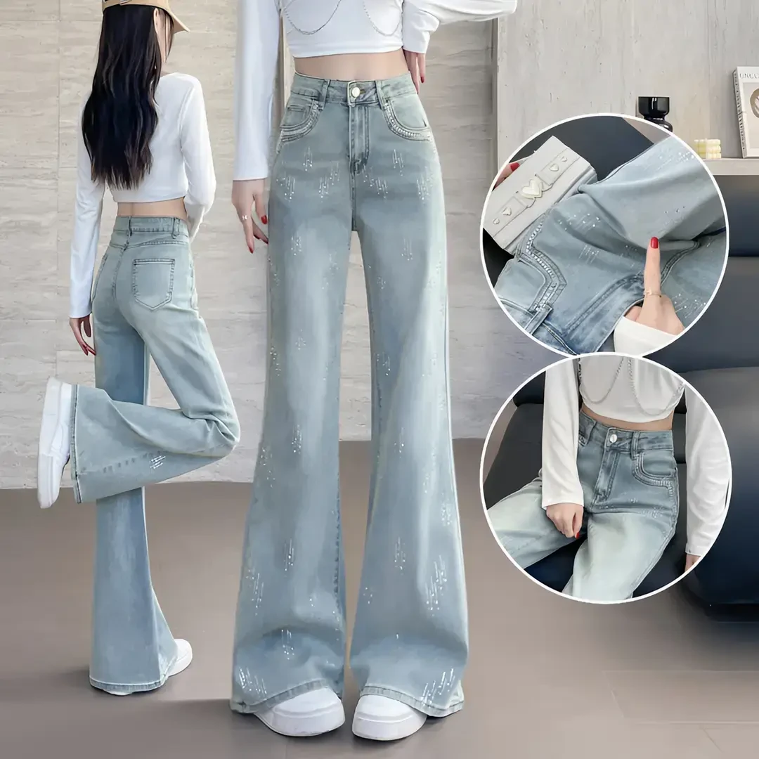 烫钻牛仔裤女窄版直筒裤2025年春季设计感梨型微胖高腰阔腿喇叭裤