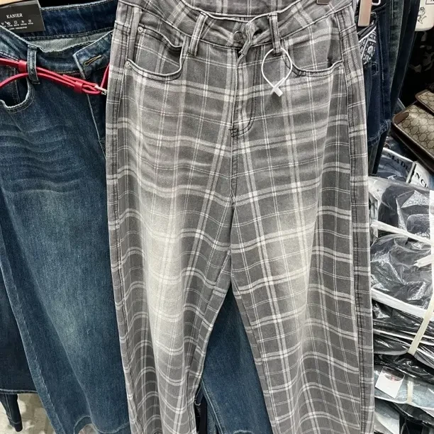 装后不加绒牛仔裤格子牛仔裤直筒阔腿