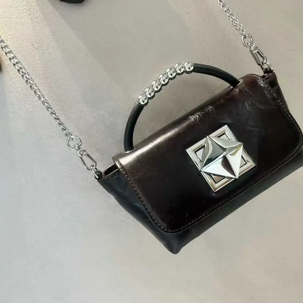 棕色时尚复古小众设计感大容量女士手提小方包