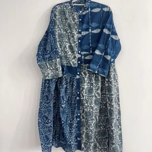 植物染手工拓印泥染蓝染手纺布手织布连衣裙（请联系客户选色）