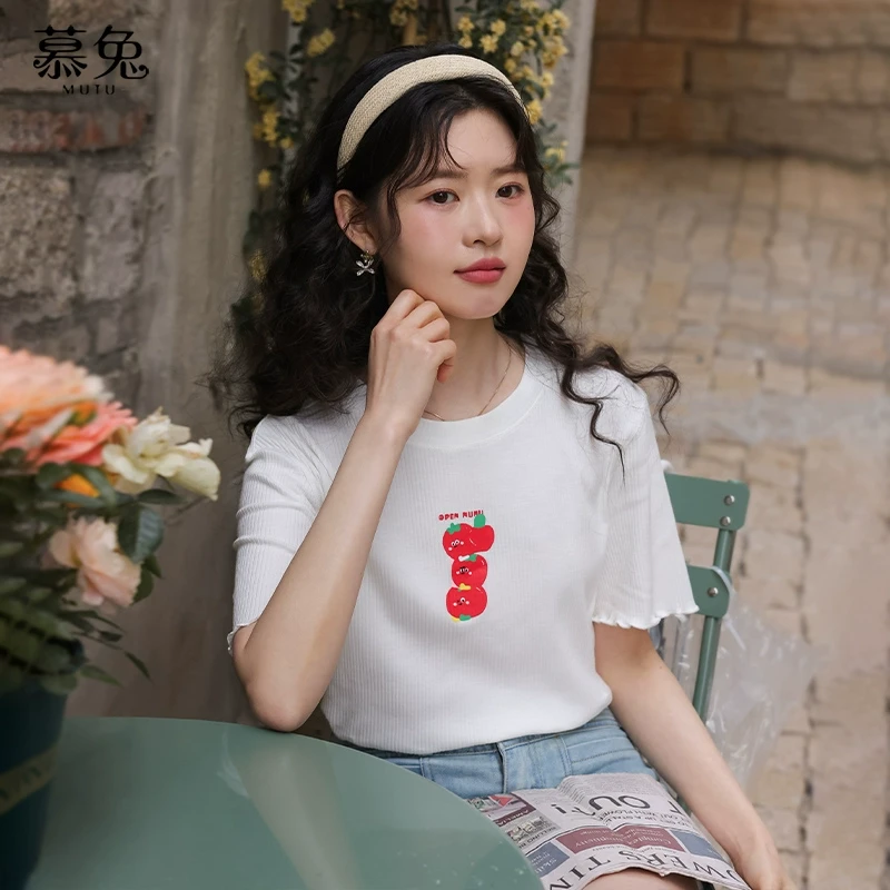 慕兔甜美卡通印花针织短袖t恤女2025夏季新款小个子宽松白色上衣