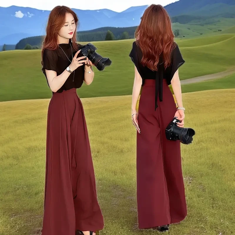 今年爆款2025遮肉套装高级感轻奢女人味时尚雪纺上衣阔腿裤俩件套