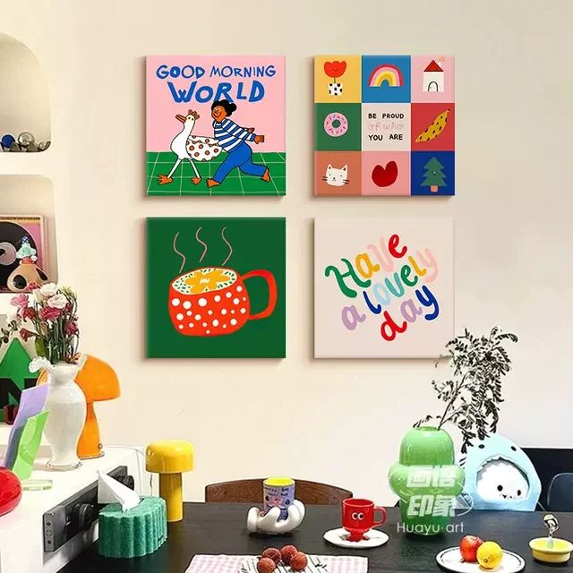 ins多巴胺风治愈系客厅玄关装饰画小众艺术卡通设计感组合壁挂画