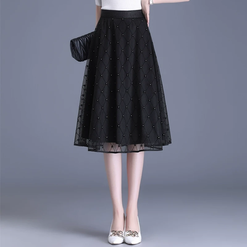 中长款网纱裙松紧腰半身裙女夏季2025新款高腰显瘦A字裙通勤伞裙