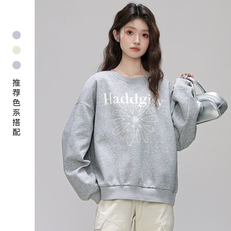 2025春秋新款复古圆领字母印花长袖卫衣女宽松设计感外穿套头上衣