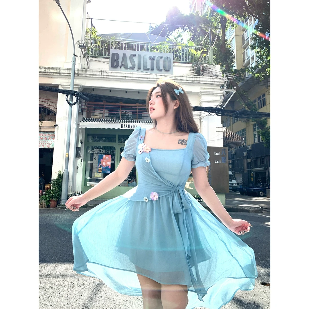 清清-甜美风泡泡袖公主裙女新款微胖A242Q0274