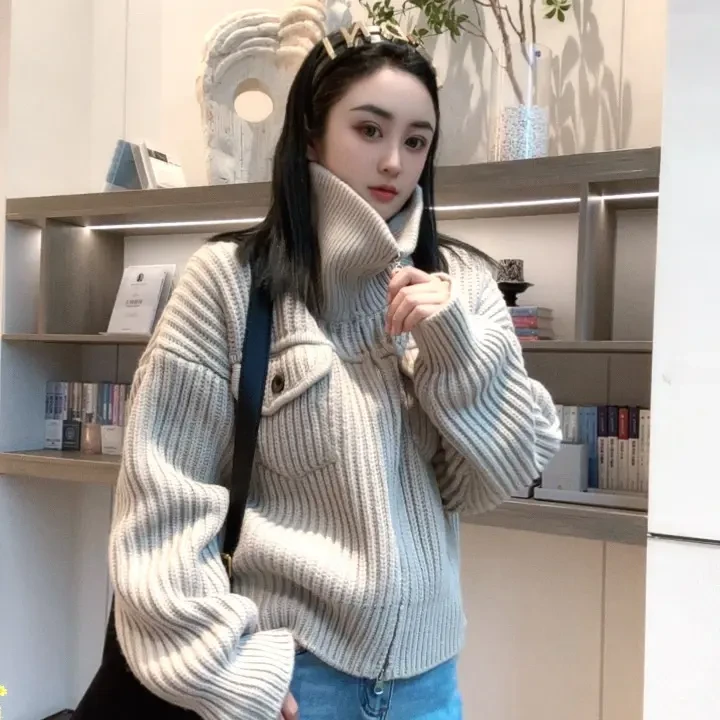 设计感双拉链高领针织开衫女秋冬小众百搭显瘦时尚洋气百搭
