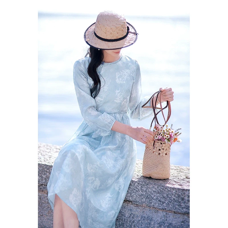 红念蓝色印花天丝连衣裙女流光风春装2025年新款女装系带气质裙子