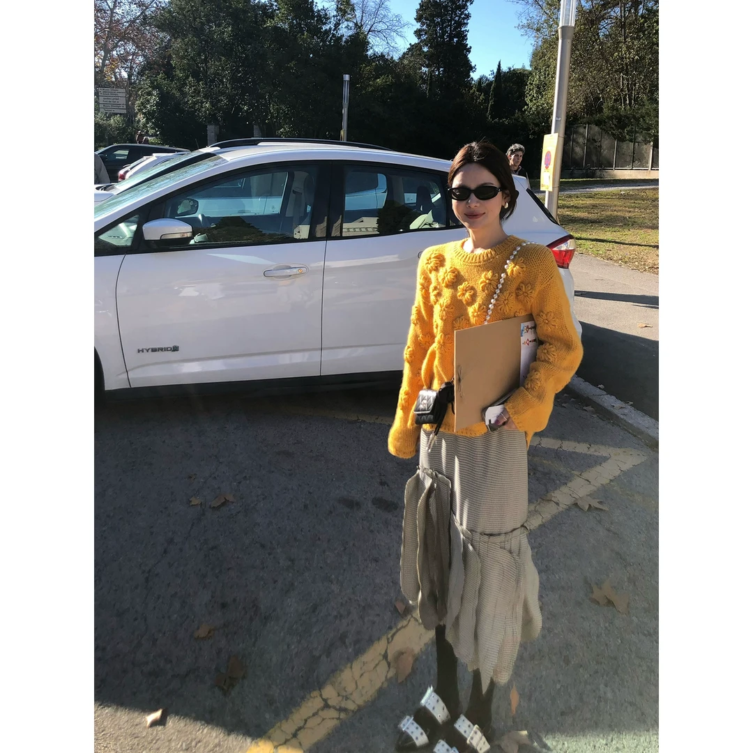 WXLSTUDIO  梵高的向日葵  手工粗针立体钩花冰岛套头衫