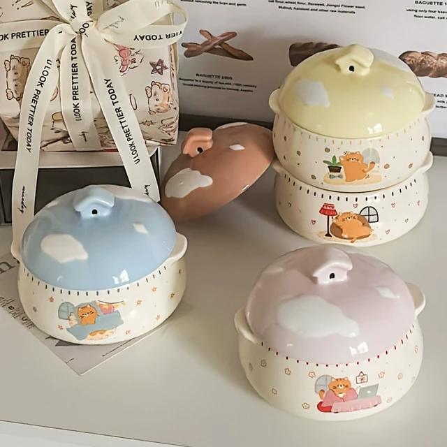 ins可爱陶瓷蒸蛋碗带盖瓦罐双耳炖盅汤盅家用蒸鸡蛋羹儿童专用碗
