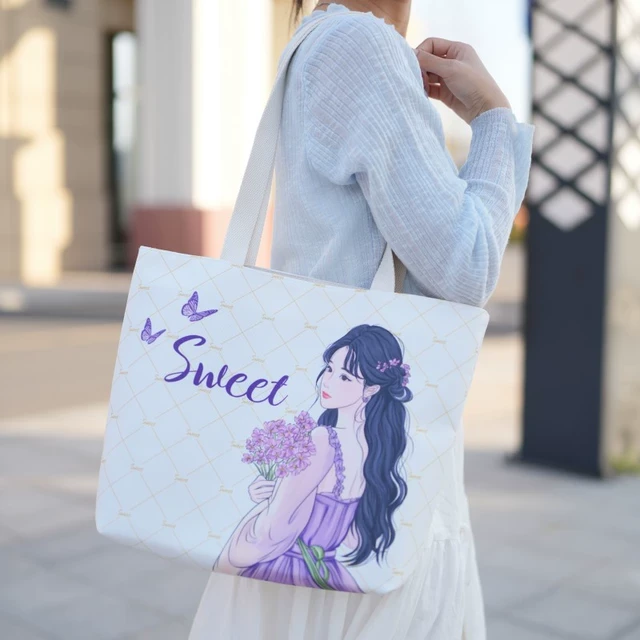 2025时尚帆布包新款大容量单肩包紫色印花百搭通勤包女休闲妈咪包