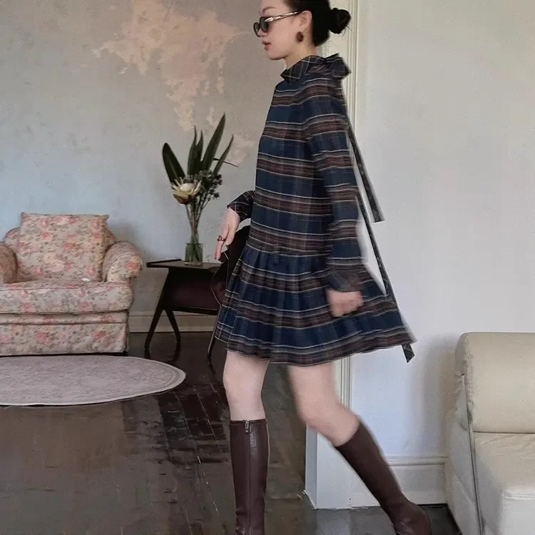 TOPCLOSET 精致学院风法式复古苏格兰格纹百褶飘带连衣裙T24B6799