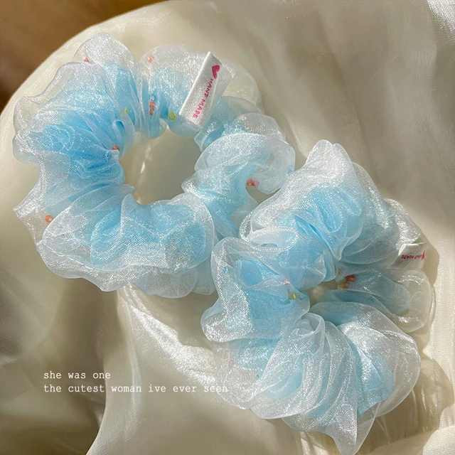 蓝色网纱彩色珠珠发圈头绳女高弹力扎头发马尾皮筋不伤发大肠发绳