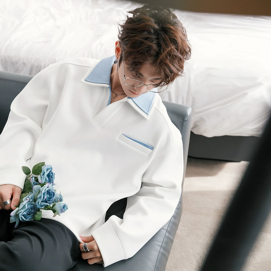 CHICERRO西西里男装春季高级感撞色polo领休闲白色百搭长袖卫衣