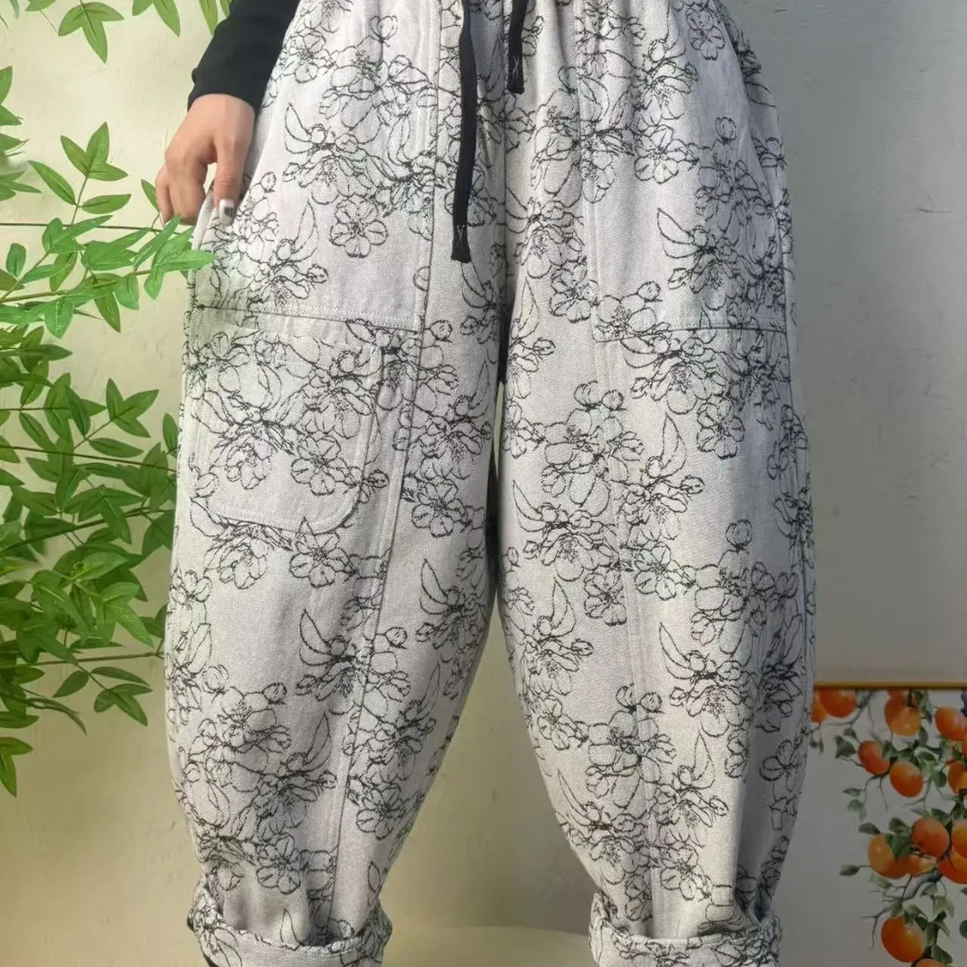 冬季新款加绒印花个性牛仔老爹裤8828