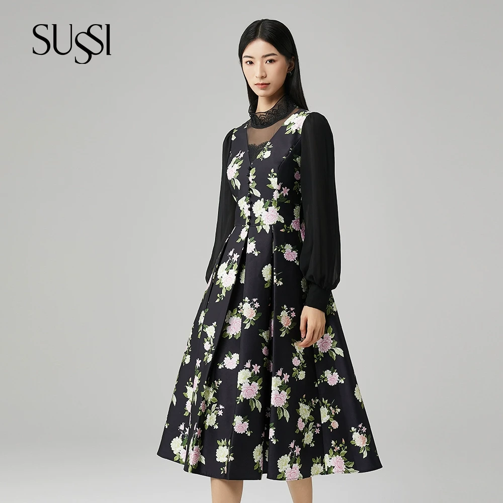 SUSSI/古色春夏商场同款黑色法式宫廷风印花连衣裙女