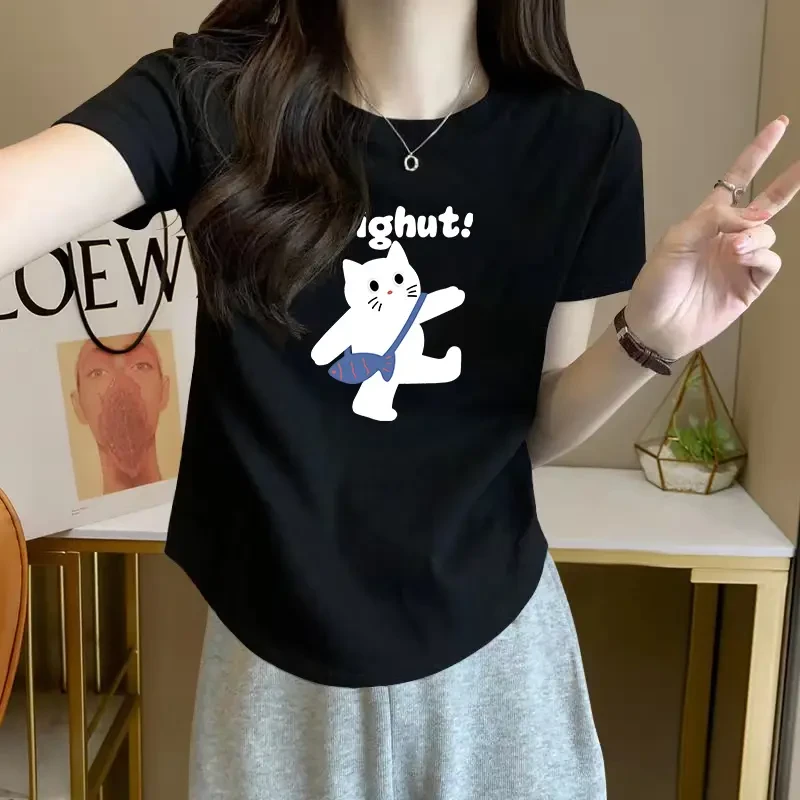 夏季款大码胖mm圆弧下摆短袖T恤女士ins潮纯欲风辣妹修身显瘦上衣