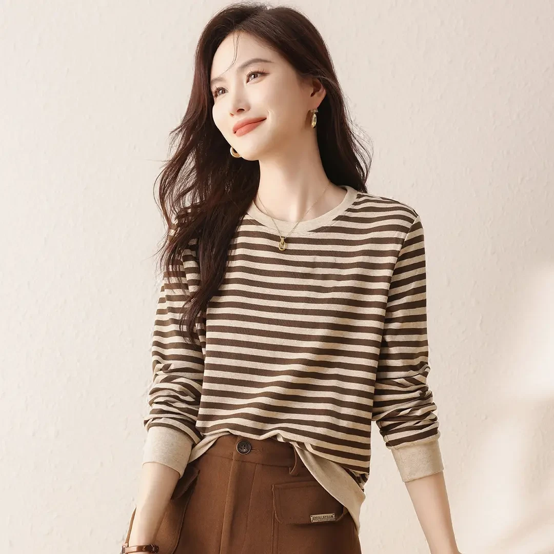 简约圆领条纹针织衫女春秋长袖套头小衫百搭休闲T恤宽松显瘦上衣