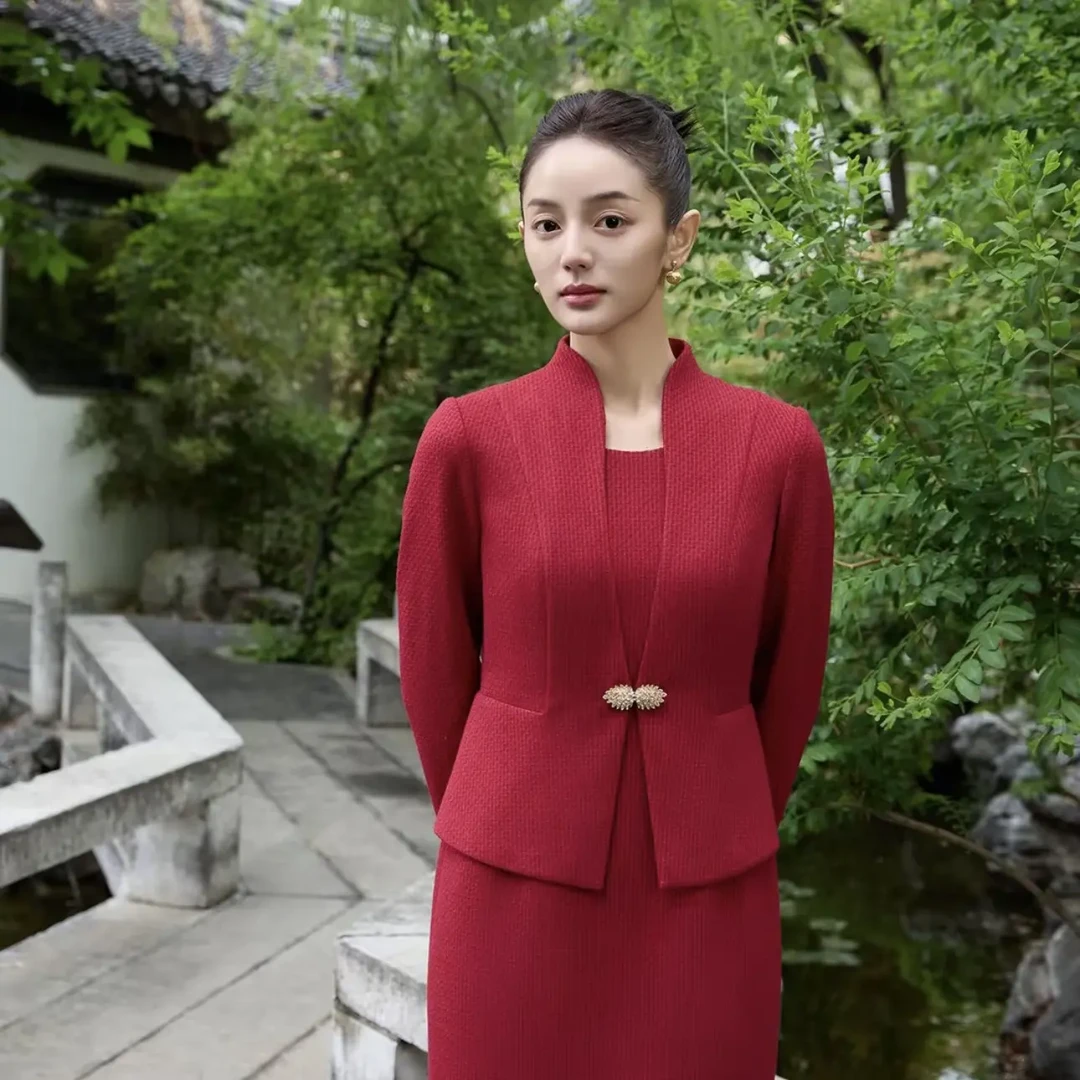 酒红色 假两件喜妈妈装礼服 绵羊毛+17919朱紫褕