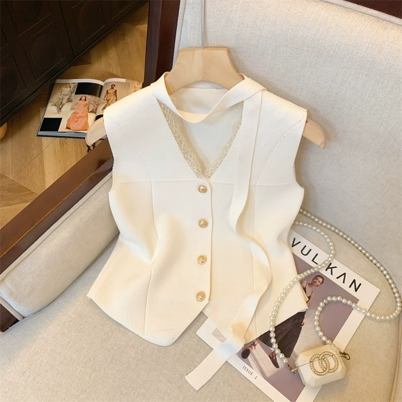 法式V领蕾丝V领飘带针织马甲开衫女夏季新款高级感背心小上衣体恤