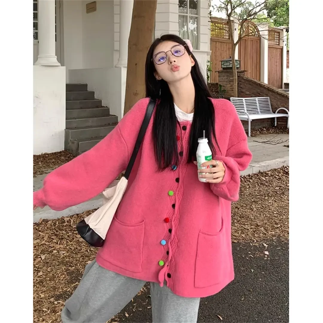 法式甜美风彩色扣毛衣开衫外套女秋冬宽松中长款针织韩版复古上衣