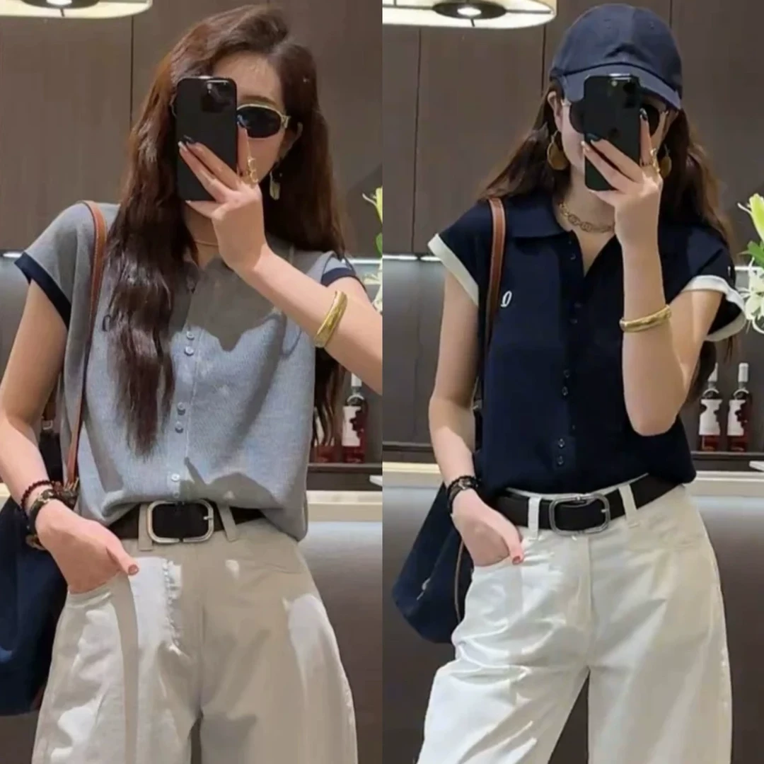 欧货时尚拼色polo领短袖t恤女夏季2025新款百搭洋气减龄针织上衣