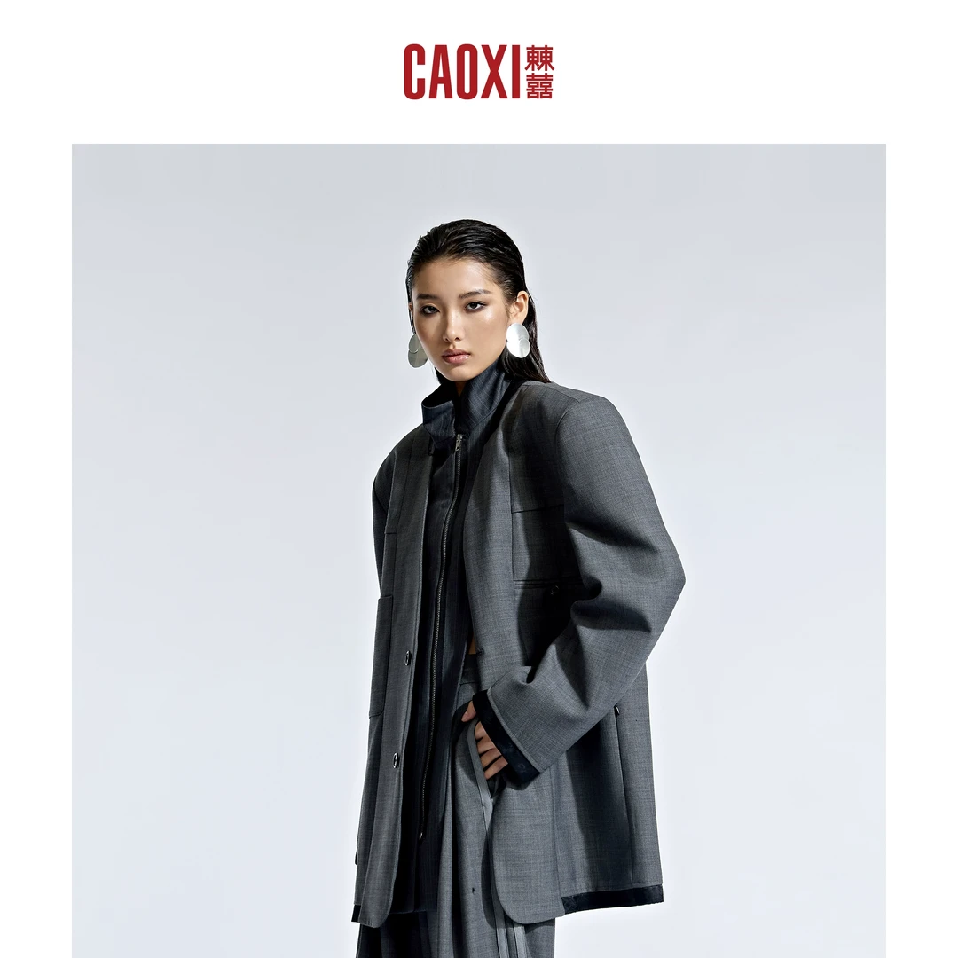 CAOXI㯥囍 假两件西装外套女拼接撞色绵羊毛宽松廓形西服高龄新款