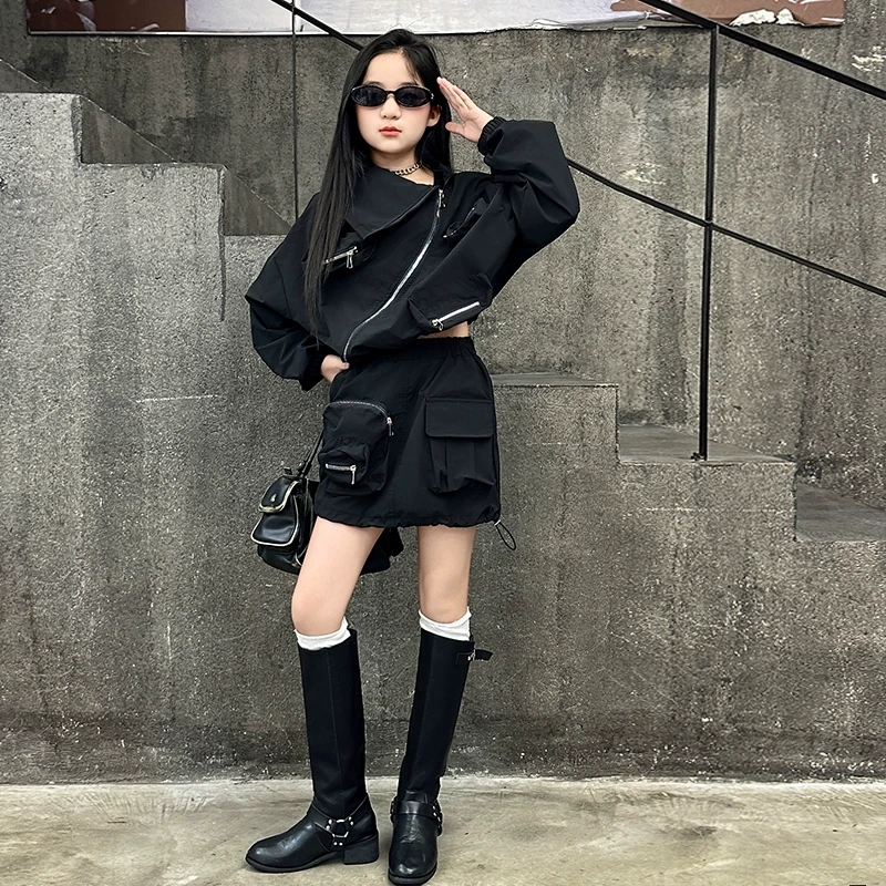 女童2025韩版小众别致酷炸街套装工装冲锋衣松紧腰半身裙两件套JK