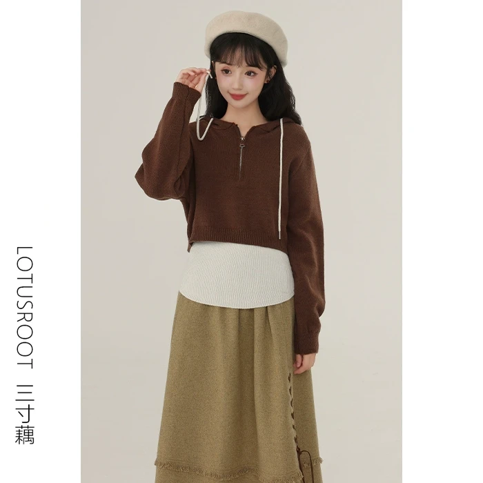 三寸藕【日不落】气质背心短款连帽针织衫两件套设计感半拉链3664