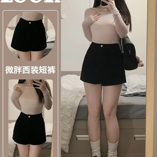 微胖女孩穿搭黑色热裤女夏季大码显腿长弹力高腰辣妹a字阔腿短裤