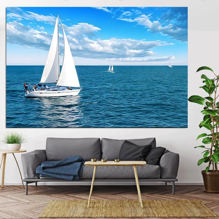 一帆风顺挂画蓝天白云帆船大海风景画顺风顺水客厅办公室自粘墙贴