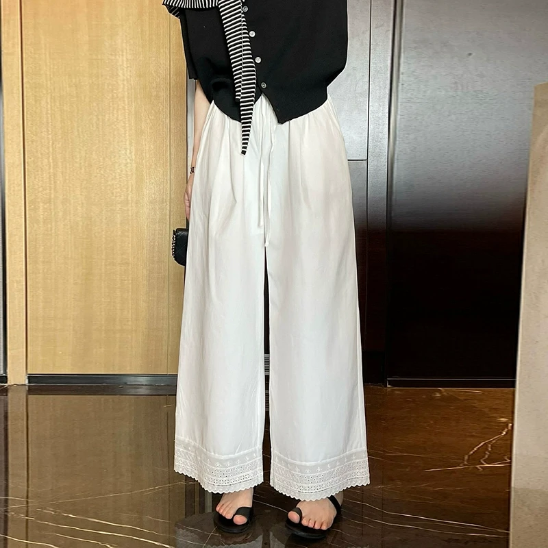 孕妇裤子春夏无托腹抽绳撞色蕾丝花边拼接直筒阔腿长裤