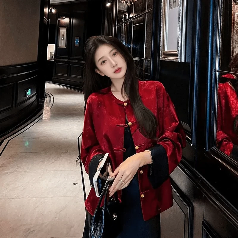 新中式气质提花纯色外套女2024秋季新款高级感拼色国风盘扣上衣女